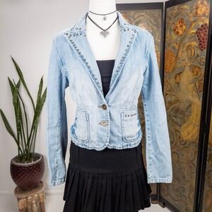 Denim Blazer Studded Light Wash Ruffle Hem Tailored Y2K Vintage Jacket Large Fit